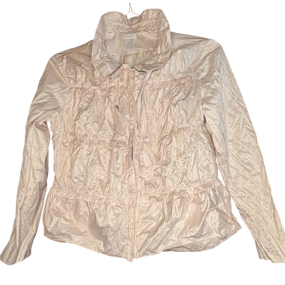Chico's Sz 1 Pink Ruffle Spring Jacket Water Resistant Full Front Zipper EUC